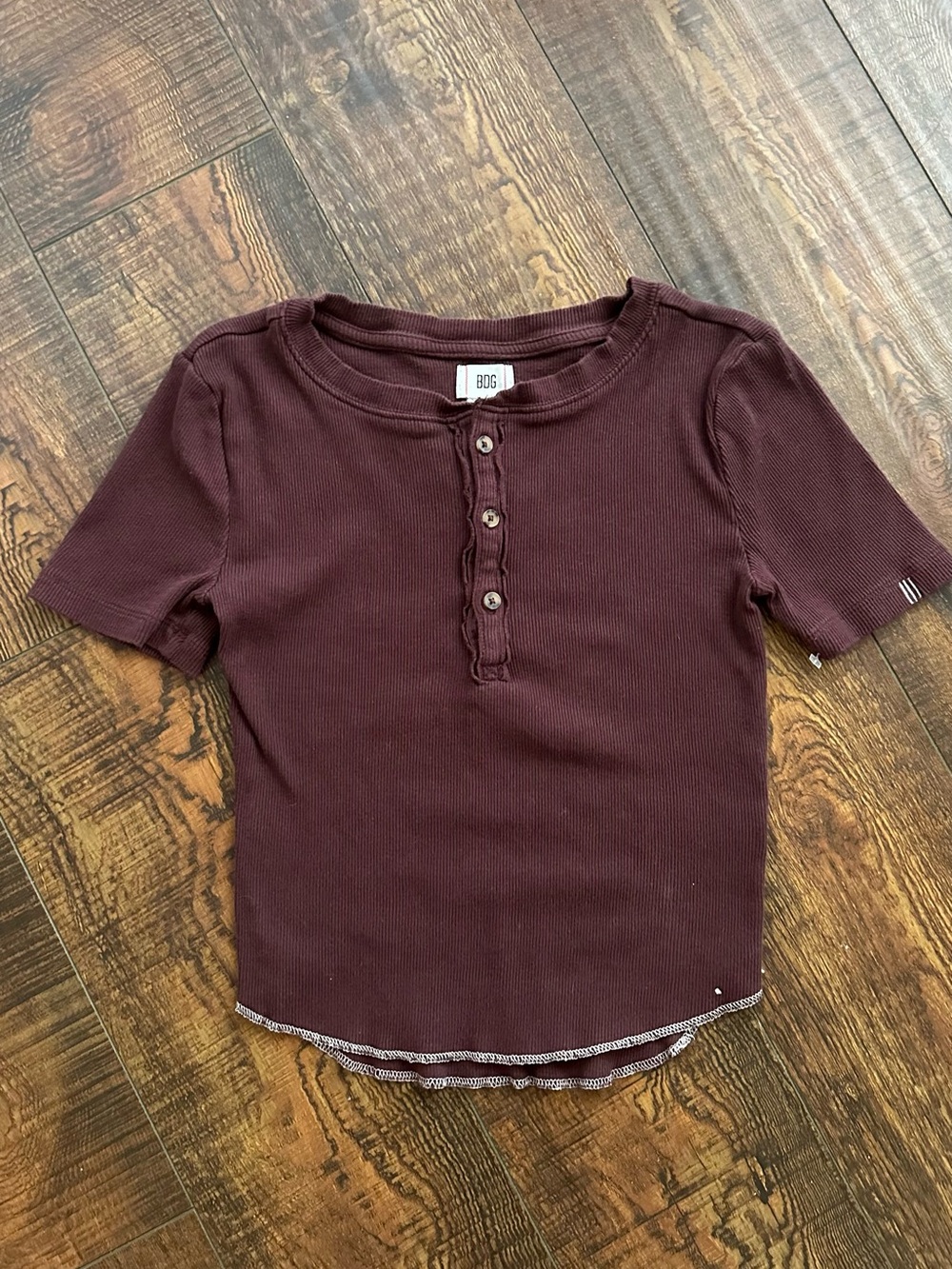 BDG Maroon Ribbed Henley Tee